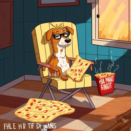 This is fine, a cartoon dog sitting in a chair, piles of pizza and vanilla ice cream fill the room. meme --v 4