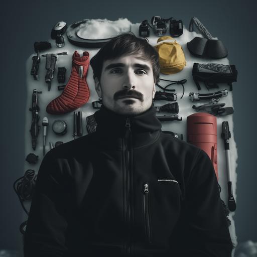 Cinematic Knolling profile photo of  professional skiing athlete, surrounded by stuff that fits a extreme sportsman like running shoes, mountain shoes, skiis, plus climbing and skiing tools arranged neatly, snow around the whole scenery