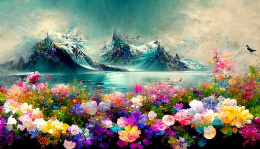Nordic, colorful, waterfalls, flowers, elf, colorful, snowflakes, blooming flowers, fantasy, sea, penguin,mountains, by Carmen Varela González, 8K wallpaper —ar 16:9
