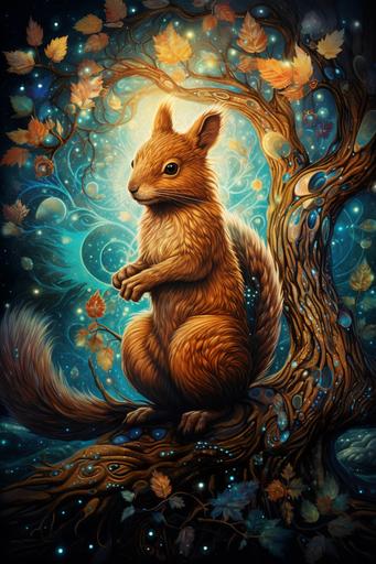 Norse mythology, Ratatoskr, Yggdrasil, cosmic squirrel, golden acorns, swirling cosmic background, intricate roots, ethereal glow, celestial constellations, messenger motif, ancient runes, vibrant colors, surreal atmosphere, magical realism --ar 2:3
