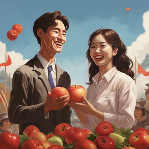 North and South Koreans were laughing and chatting happily with each other, holding North and South Korean flags in their hands, people standing around clapping, tomatoes everywhere.