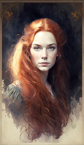 Nostalgic portrait of a beautiful and fragile princess with long, wavy copper red hair, freckles, porcelain skin, and sad melancholic smile, dressed in a black Victorian blouse with a dynamic pose, set against a detailed and high-quality watercolor painting background:: gpt1::0 --ar 9:16