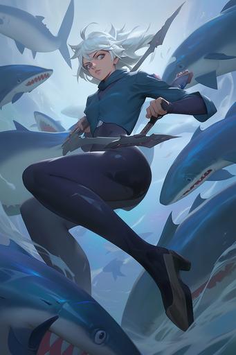 ariel, the little mermaid cosplay, swimming with blue sharks, clear water, underwater, athletic anime girl, fantasy, disney princess, dynamic pose, full body portrait, --ar 2:3 --c 89 --s 299 --niji 5 --style expressive