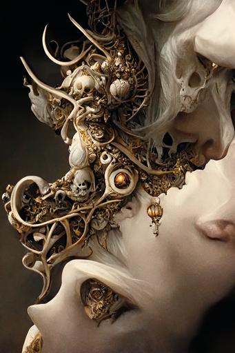Oh baby you're so screwed up. Come and give Momma a big sloppy kiss :: ornate, rococo, zbrush art, majestic, organics, cybernetic, silver filigree, colorful, dark fantasy, moebius, frank frazetta, ornate, art nouveau, symmetrical, fairy smoke, unbiased render, halo, Emil melmoth, eerie, macabre, haunting , insanely detailed and intricate, faded golden runic borders, hypermaximalist, elegant, vintage, hyper realistic, super detailed::2 --ar 2:3