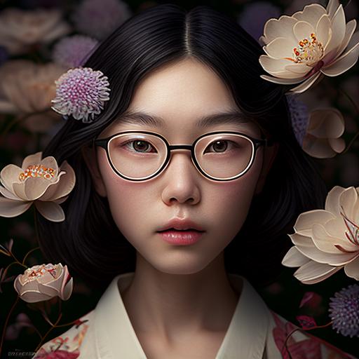 Nozomi Sasaki looking Japanese looking flower goddess with eye glassess, fair skin, hyper-detailed, perfect anatomy, high resolution, glamour lighting, hyperrealistic, studio lighting, low depth of field, shot with Hasselblad camera, 135mm lens, --v 4