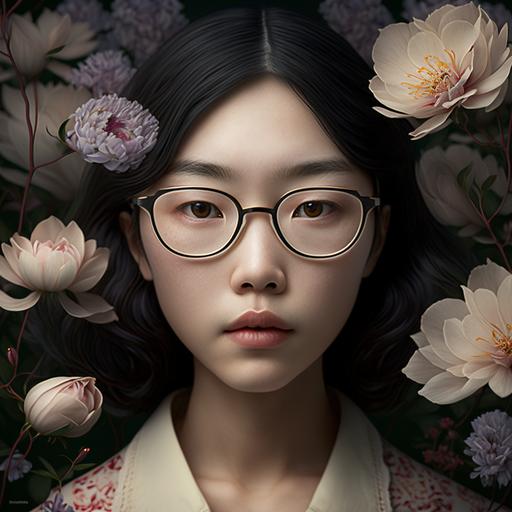 Nozomi Sasaki looking Japanese looking flower goddess with eye glassess, fair skin, hyper-detailed, perfect anatomy, high resolution, glamour lighting, hyperrealistic, studio lighting, low depth of field, shot with Hasselblad camera, 135mm lens, --v 4