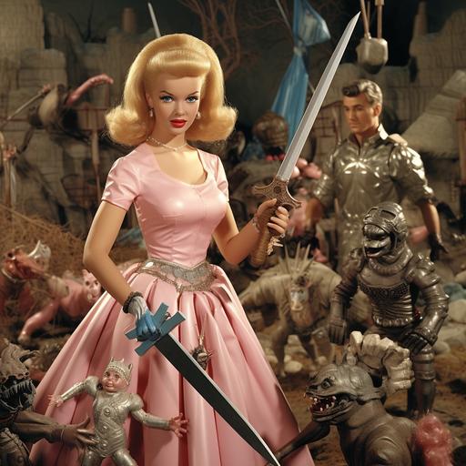 Barbie and Ken wielding plastic swords against mutant toy creatures, 1950s apocalyptic fallout style