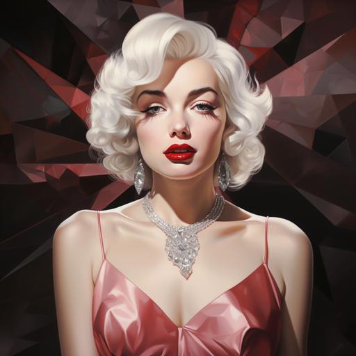 /realistic portrait of the Asian version of Marilyn Monroe in a sequence of Diamonds Are A Girls Best Friend, color palette: red, pink/ silver