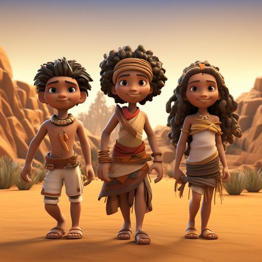 Nuur, a seven year old Arabic boy, Gbaba, a seven year old African boy, and Olive, a seven year old Native American girl. 3D Cartoon