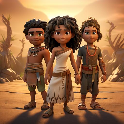 Nuur, a seven year old Arabic boy, Gbaba, a seven year old African boy, and Olive, a seven year old Native American girl. 3D Cartoon
