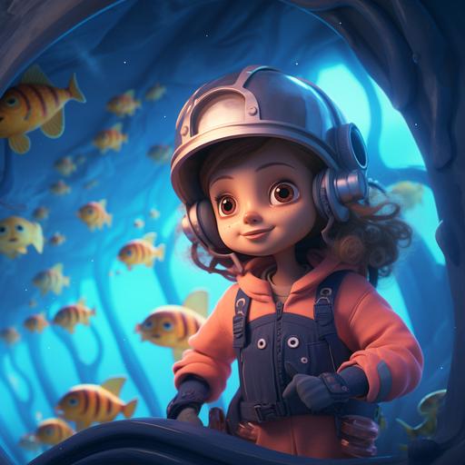 O is for Olivia the Ocean Explorer. She dove into the Ocean to meet Octopuses and Orcas. She also discovered a Hidden Oasis beneath the waves, cute Disney style, noise reduction and fine details, realistic textures, color grading, retouching.