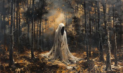 OIL PAINTING OF A GHOST in a dark pine forest, Rembrandt lighting, intricate details, beautiful coded by color, Caravaggio style, elegant, dark art, shadows, full body, Backlight, high resolution, 64k quality, insane details. --ar 5:3 --v 6.0 --s 500