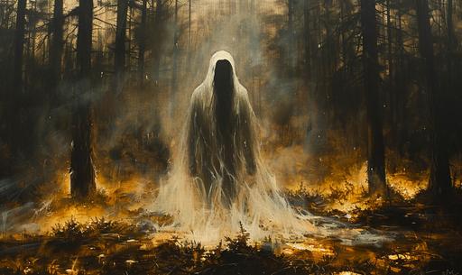 OIL PAINTING OF A GHOST in a dark pine forest, Rembrandt lighting, intricate details, beautiful coded by color, Caravaggio style, elegant, dark art, shadows, full body, Backlight, high resolution, 64k quality, insane details. --ar 5:3 --v 6.0 --s 500