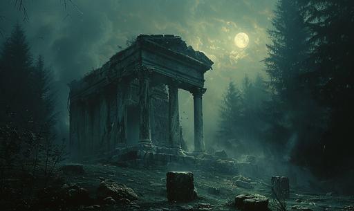 OIL PAINTING OF A Roman soldier GHOST in a dark pine forest beside an old Roman bathhouse in ruins. Rembrandt lighting, intricate details, moonlight gradient colors, serene and mysterious. Paul rubens style, elegant, dark art, shadows, full body, Backlight, high resolution, 64k quality, insane details. --ar 5:3 --v 6.0 --s 500