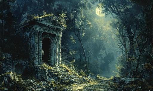 OIL PAINTING OF A Roman soldier GHOST in a dark pine forest beside an old Roman bathhouse in ruins. Rembrandt lighting, intricate details, moonlight gradient colors, serene and mysterious. Paul rubens style, elegant, dark art, shadows, full body, Backlight, high resolution, 64k quality, insane details. --ar 5:3 --v 6.0 --s 500