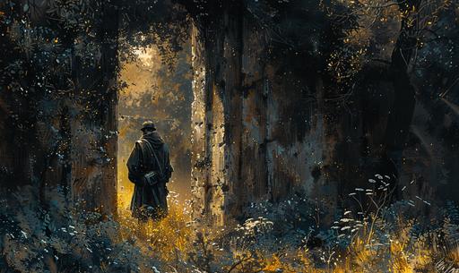 OIL PAINTING OF A roman soldier GHOST in a dark pine forest, next to an old Roman bathhouse in ruins. Rembrandt lighting, intricate details, moonlight gradient colors, serene and mysterious. Caravaggio style, elegant, dark art, shadows, full body, Backlight, high resolution, 64k quality, insane details. --ar 5:3 --v 6.0 --s 500