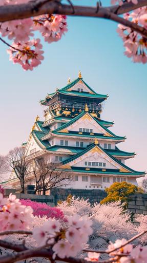 OSAKA castle, japan, april, sakura, pink, 4k, realistic, 4k, wide angle, tourist, --ar 9:16 --v 6.0