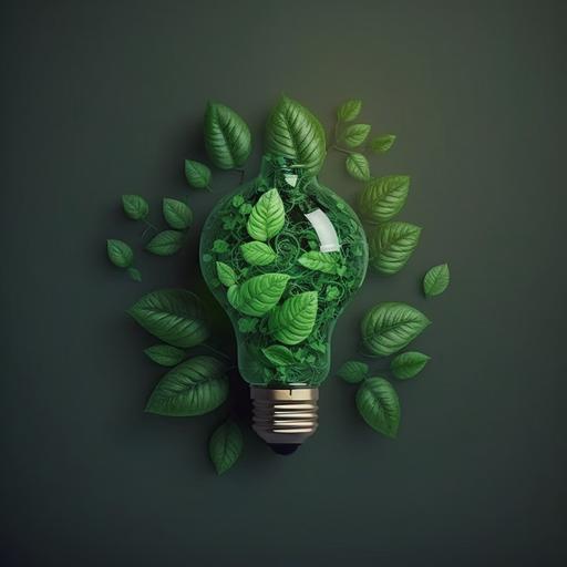 Green eco friendly lightbulb from fresh leaves top view, concept of Renewable Energy and Sustainable Living