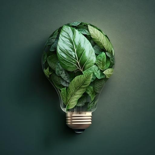 Green eco friendly lightbulb from fresh leaves top view, concept of Renewable Energy and Sustainable Living