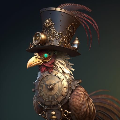 a steampunk robotic rooster in a clock top hat