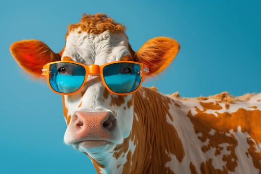 cow, Cute cow looking cool wearing bright tinted orange sunglasses on a blue background --ar 3:2 --s 250 --q 1