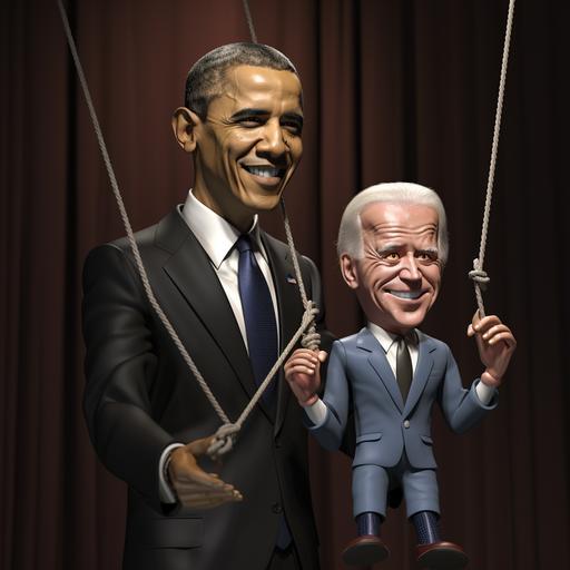 Obama as a puppeteer controlling Joe Biden as a puppet. Cartoon.