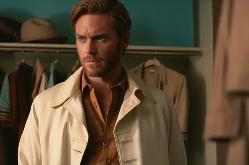 Obi-Wan Kenobi: 1990 screengrab of male model Obi-Wan Kenobi wearing a refined cream-colored linen suit with a matching vest and brown leather accents, light blue dress shirt, and brown leather oxfords, fashion movie scene, Gucci commercial --ar 3:2 --v 5
