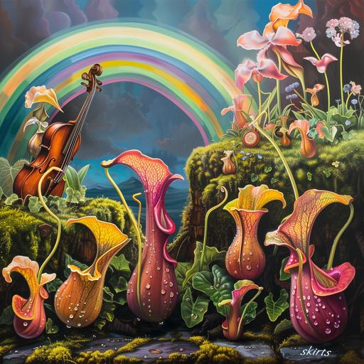 Object Structure Primary Opening: A spotlight illuminates a troupe of nepenthes plants a fiddle echoes with a lively jig a cobblestone stage lies beneath them a backdrop shows rolling green hills and a vibrant rainbow arcing overhead. Secondary Opening: The nepenthes boast varied pitcher shapes vibrant coloration glistening dewdrops tendrils mimicking expressive arms and leaves resembling fluttering skirts. The fiddle displays worn wood intricate fretwork a horsehair bow and lilting tune. The cobblestones exhibit weathered surfaces earthy tones moss between the cracks patina from countless steps and uneven placement. The hills possess lush grassy textures fuzzy wildflowers vibrant emerald shades and fluffy cloud formations. The rainbow features soft gradient colors translucent luminosity a shimmering golden pot beneath and droplets glinting at its edge. Descriptive Phase Nepenthes: Emphasize diversity – squat and bulbous pitchers, slender, elegant forms, a riot of natural hues. Dewdrops become twinkling sequins as they pirouette, while their tendrils imitate the animated arm movements of Irish dance. Their leaf 