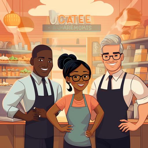 Objective: Craft a cartoon-styled image illustrating diverse small business owners. Scene Components: Background: Soft pastel gradient. Characters (5 total): Baker: Female, medium-length hair, apron, and baker's hat. Corporate Owner: Male, glasses, suit with tie. Photographer: Gender-neutral, casual attire, camera. Gym Trainer: Any gender, workout gear, whistle. Painter: Any gender, overalls, paintbrush. Character Features: Varied skin tones, hairstyles, and body types. Postures: Standing, arms folded, exuding confidence. Caption: 