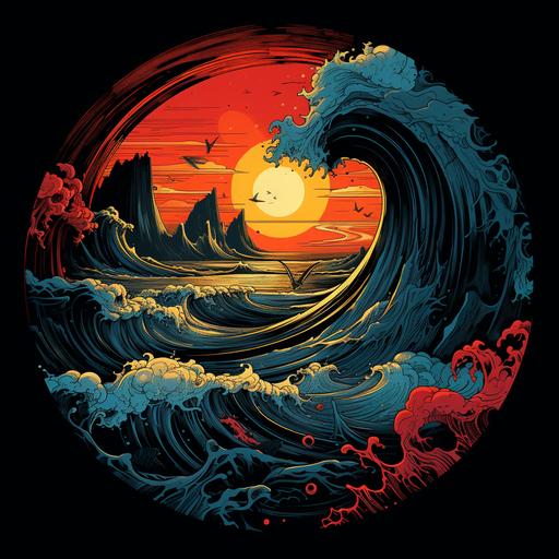Oceanic Enigma::2 Cubism, fragmented waves, enigmatic currents, charybdis, shifting perspectives, iconic mysteries, synthwave:: t-shirt vector, center composition graphic design, plain background::2 mockup::-2 --upbeta --ar 1:1