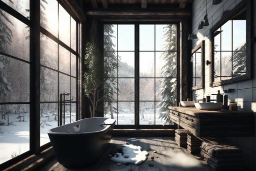 a modern bathroom desing rustic style, black bathtub, large windows, cinematic. --ar 3:2 --q 5