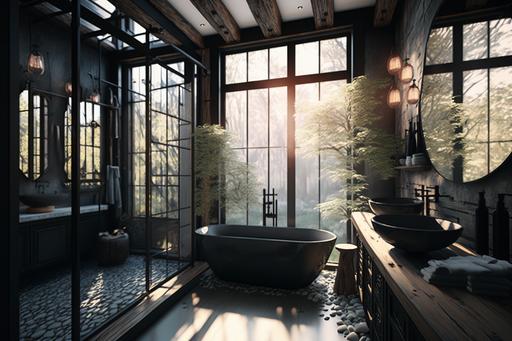 a modern bathroom desing rustic style, black bathtub, large shower area, large windows, cinematic. --ar 3:2 --q 5