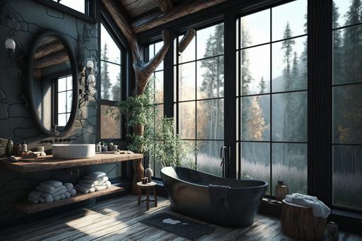 a modern bathroom desing rustic style, black bathtub, large windows, cinematic. --ar 3:2 --q 5