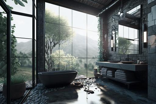 a modern bathroom desing rustic style, black bathtub, large shower area, large windows, cinematic. --ar 3:2 --q 5
