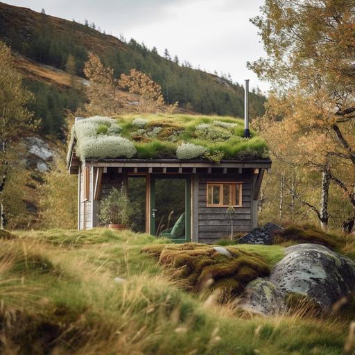 Off grid cabin from outside with green door, grey wood-panel, grass and sedum on roof, overlooking beautiful scenery in Norwegian nature. --v 5.1