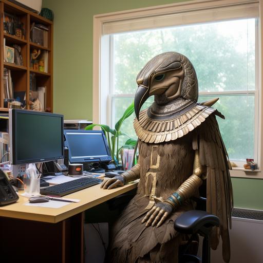 Office Horus...In a spacious, sunlit chamber with walls adorned by hieroglyphics and grand pillars resembling ancient Egyptian architecture, we find a unique workstation. At its heart sits Horus, the falcon-headed deity. However, this is not the warrior god many recall, but Horus the software engineer. He wears his traditional garments: a finely detailed linen kilt, broad collar necklace, and the Double Crown of Egypt, signifying his dominion over both the Upper and Lower lands. But instead of gripping a scepter or ankh, his hands dance gracefully over a keyboard made of lapis lazuli and gold, surrounded by dual monitors that emanate a soft, azure glow. On one screen, hieroglyphic code seamlessly translates into modern programming languages, and on the other, intricate software designs come to life. An ergonomic chair fashioned from reeds and cushioned with soft, dyed fabric cradles him. To his right, a papyrus scroll acts as a notepad, where he occasionally jots down algorithms using a stylus resembling a reed pen. His workstation is accented with trinkets from the modern world: a mouse pad with the Eye of Ra symbol, a coffee mug shaped like a canopic jar with the inscription 