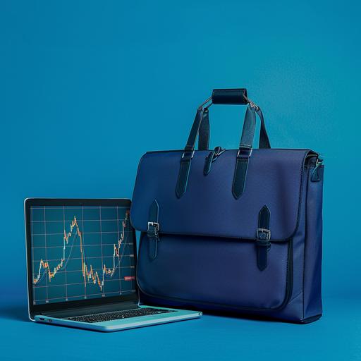 Office bag and stock market on plain blue background