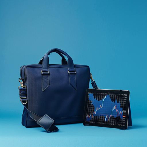 Office bag and stock market on plain blue background