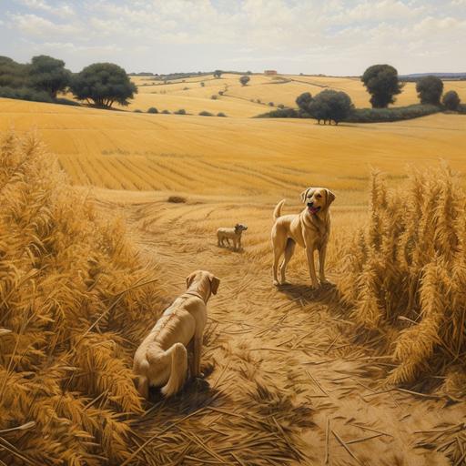 campos de trigo dorados, con una chosa al fondo del paisaje y dos perros jugando en los campoos de trigo