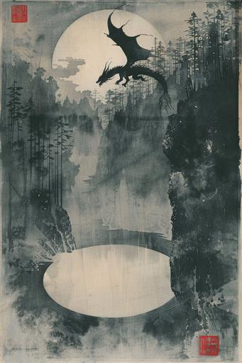 Ohara Koson style Kelimutu crater lake with a flying dragon emerging from the water, woodblock linocut print --ar 2:3 --c 15 --s 222 --v 6.0