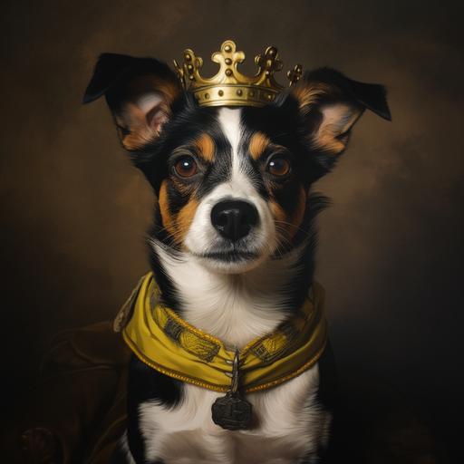 Oil painting dog like in picture king with crown cape royal costume, with black fur on its muzzle and black ears
