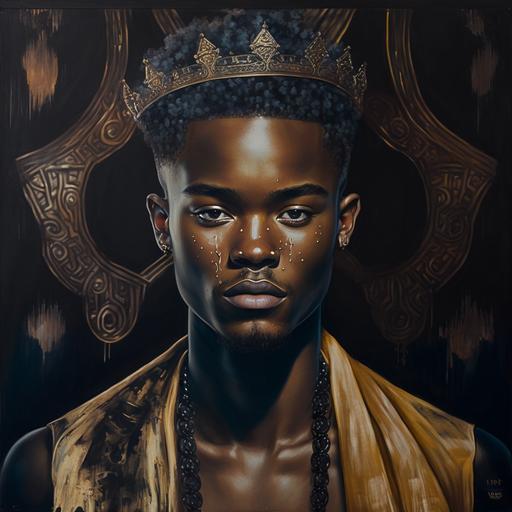 Oil painting masterpeiece, define black edges, Dignified Royalty, close-up, Africian King made of shimmering holographic paint, karrueche, adorned in exquisite african aesthetic fashion, he reigns supreme against a background of masterfully painted frescoes, amidst the intricate tapestries and ornate chandeliers of a grand french palace. Crown forms gently float around him, while his radiant pearl cape glimmers in opulent white and vantablack hues. His smile is like sparkling gems, his charm is enchanting and captivating, his hansom manly expressions illuminate his entire being, in the style of Alberto Seveso, James Jean, and Frank Frazeta