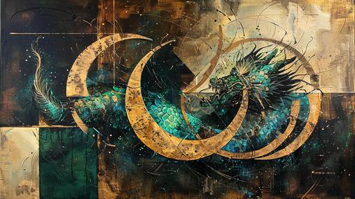 Oil painting on canvas, in abstract style, gold and emerald color, circles, dragon of geometric shapes --ar 16:9