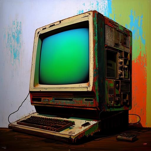 Oilpainting of an old vintage computer screen, heavy paint, highest details, clean, modern, studio light, colorful