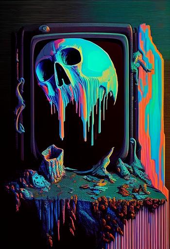 Oilpainting, old masters, smelting computer screen, digital light, trippy, crow, skull, pixelated background, computer cabel, led screens, highest details, hyper realistic, painting texture, glitch art, vivid colors --ar 2:3