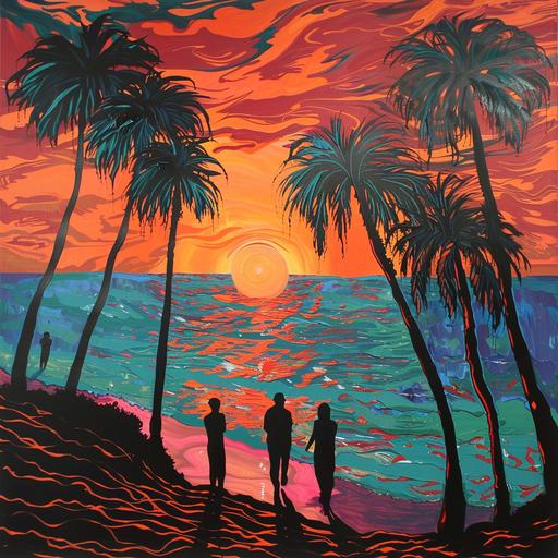 Olafur Eliasson style painting, palm trees, waves and sunset, Mediterranean resort, simple painting, dancing women