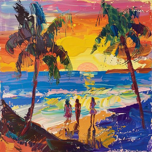 Olafur Eliasson style painting, palm trees, waves and sunset, Mediterranean resort, simple painting, dancing women --v 6.0
