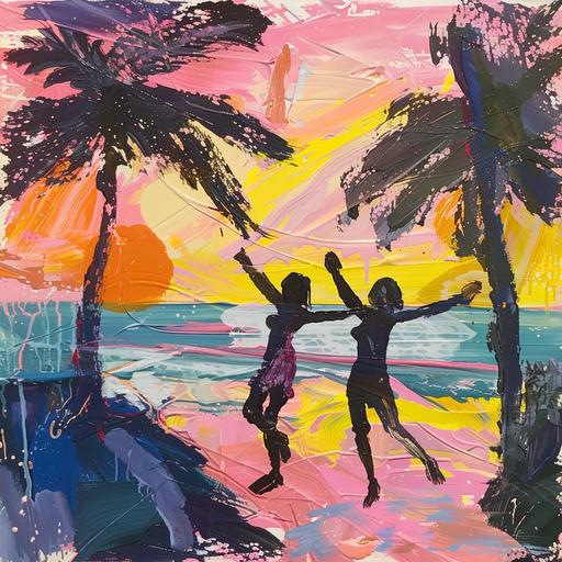 Olafur Eliasson style painting, palm trees, waves and sunset, Mediterranean resort, simple painting, dancing women --v 6.0
