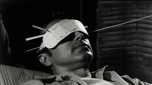 , Old B&W close up profile photograph of a man in a hammock with a strange eyemask on covering his eyes::1000 film grain::1000 high contrast, 1960s, Eraserhead style, tri-x film stock, leica lens 50mm, shallow focus --ar 16:9 --v 5