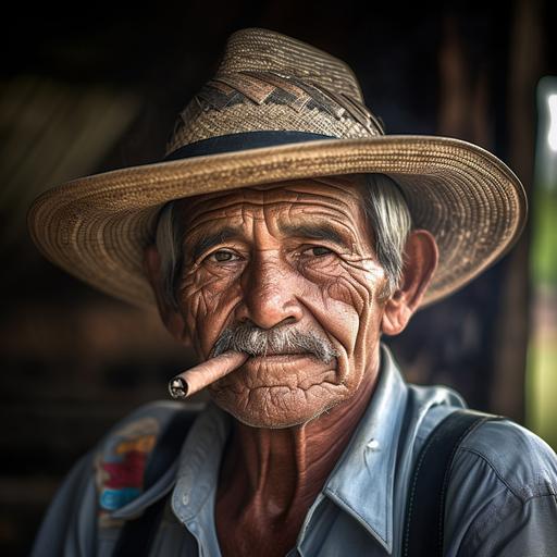 Old Colombian Farmer smoking a cigar with a traditional colombian hat. produce a portrait photography shot with a Canon EOS 5D Mark III with 80mm lenses and f/2 and ISO 100, balanced symmetry and frame it as an extreme close-up and show it from a wide-angle view, the scene is lit by backlighting, the scenery is ultra-detailed, grade the scene in professional color grading and in the style of Platon Antoniou, apply the style of Photorealism --style raw